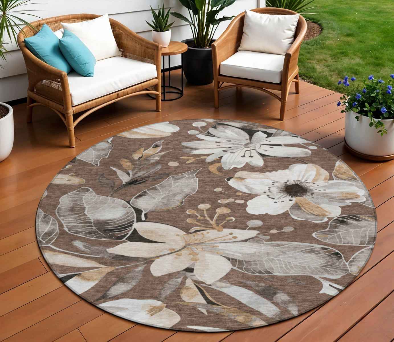 8' Chocolate Ivory And Wheat Round Floral Washable Indoor Outdoor Area Rug
