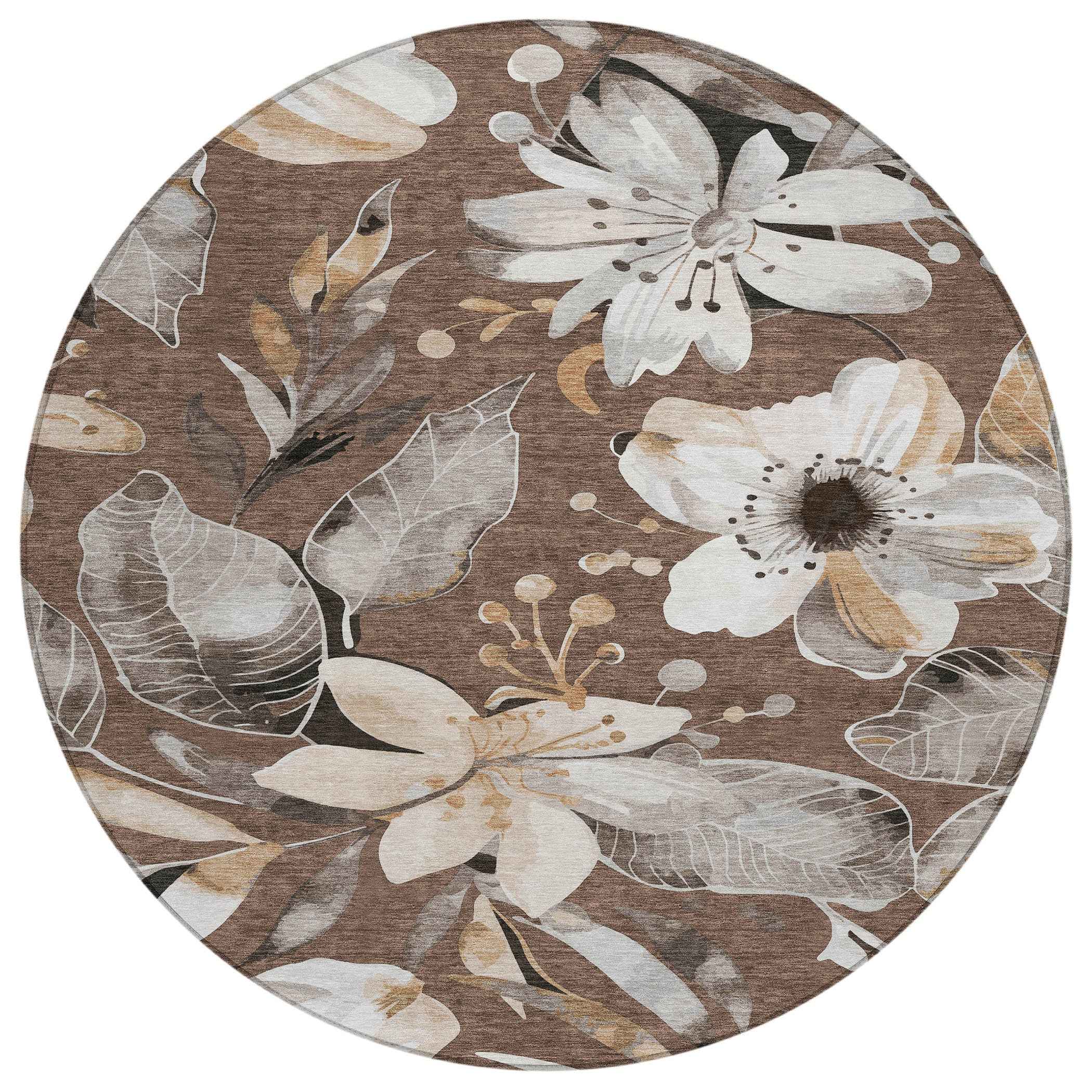 8' Chocolate Ivory And Wheat Round Floral Washable Indoor Outdoor Area Rug