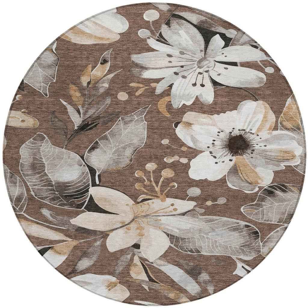 8' Chocolate Ivory And Wheat Round Floral Washable Indoor Outdoor Area Rug