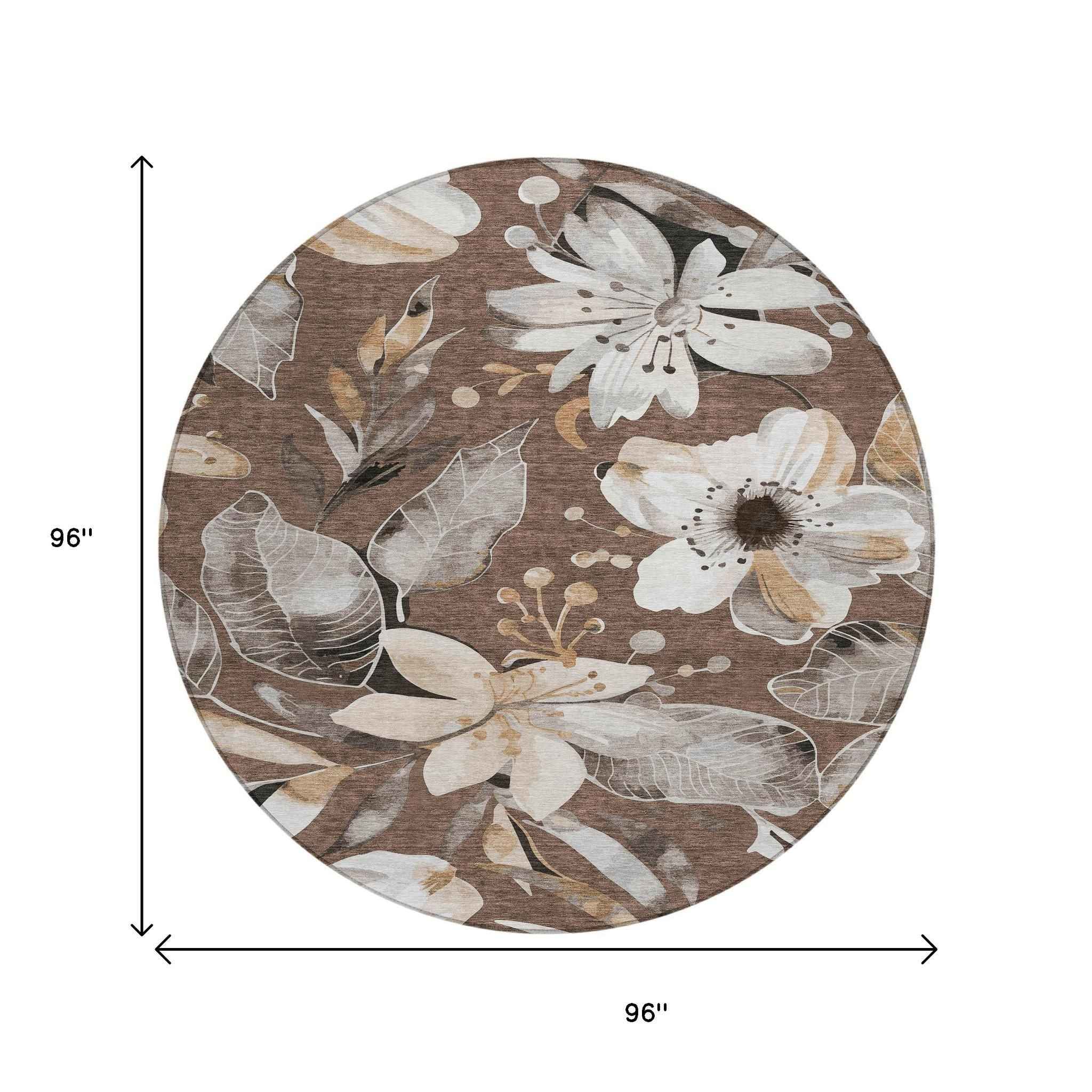 8' Chocolate Ivory And Wheat Round Floral Washable Indoor Outdoor Area Rug
