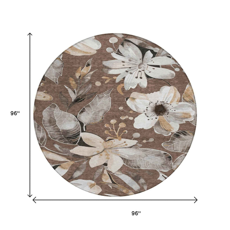 8' Chocolate Ivory And Wheat Round Floral Washable Indoor Outdoor Area Rug