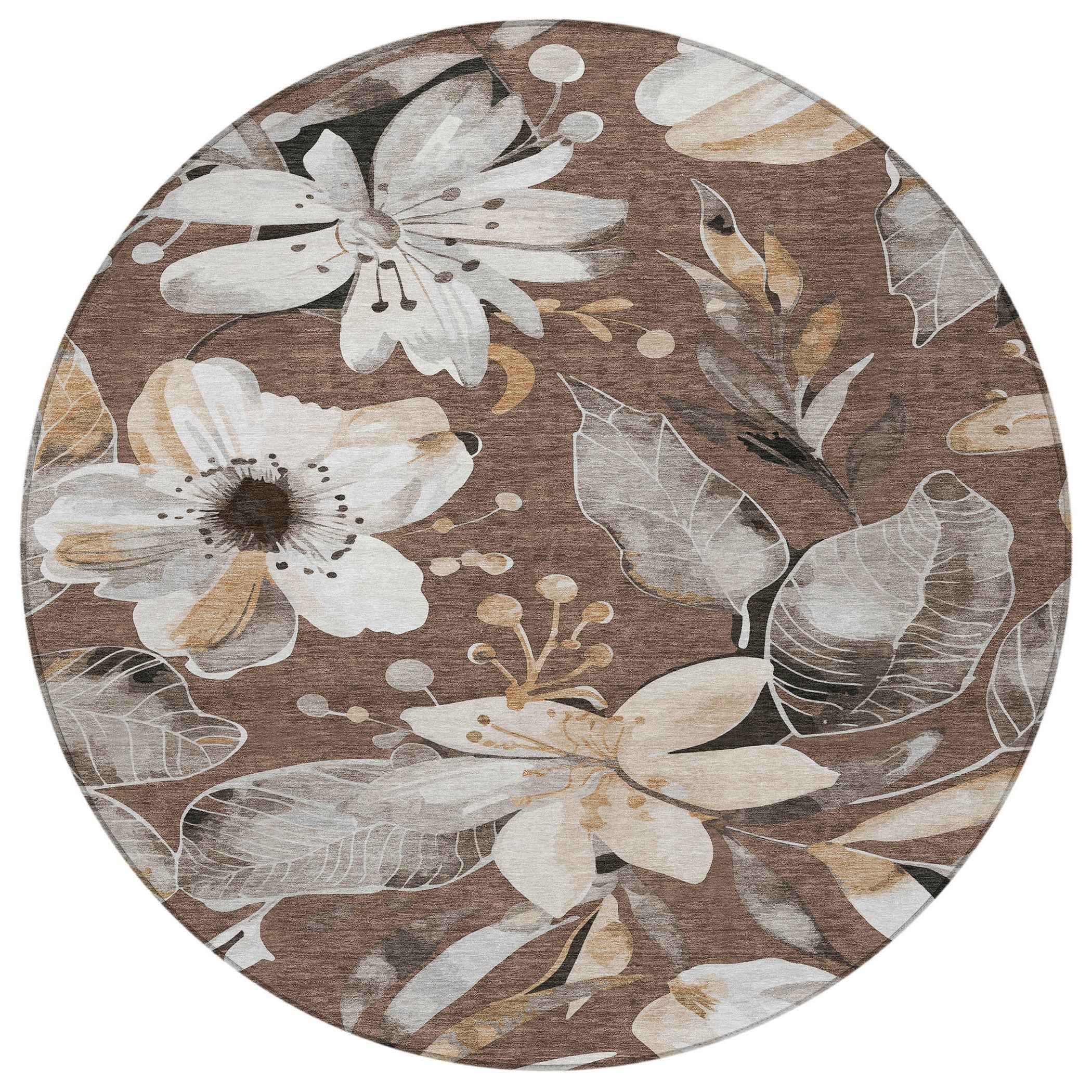 8' Chocolate Ivory And Wheat Round Floral Washable Indoor Outdoor Area Rug