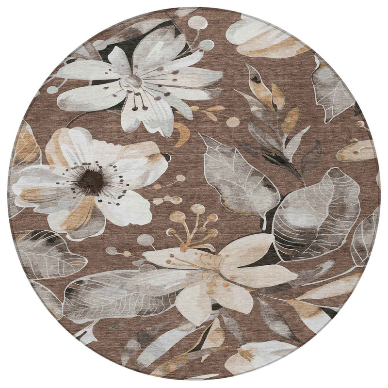 8' Chocolate Ivory And Wheat Round Floral Washable Indoor Outdoor Area Rug