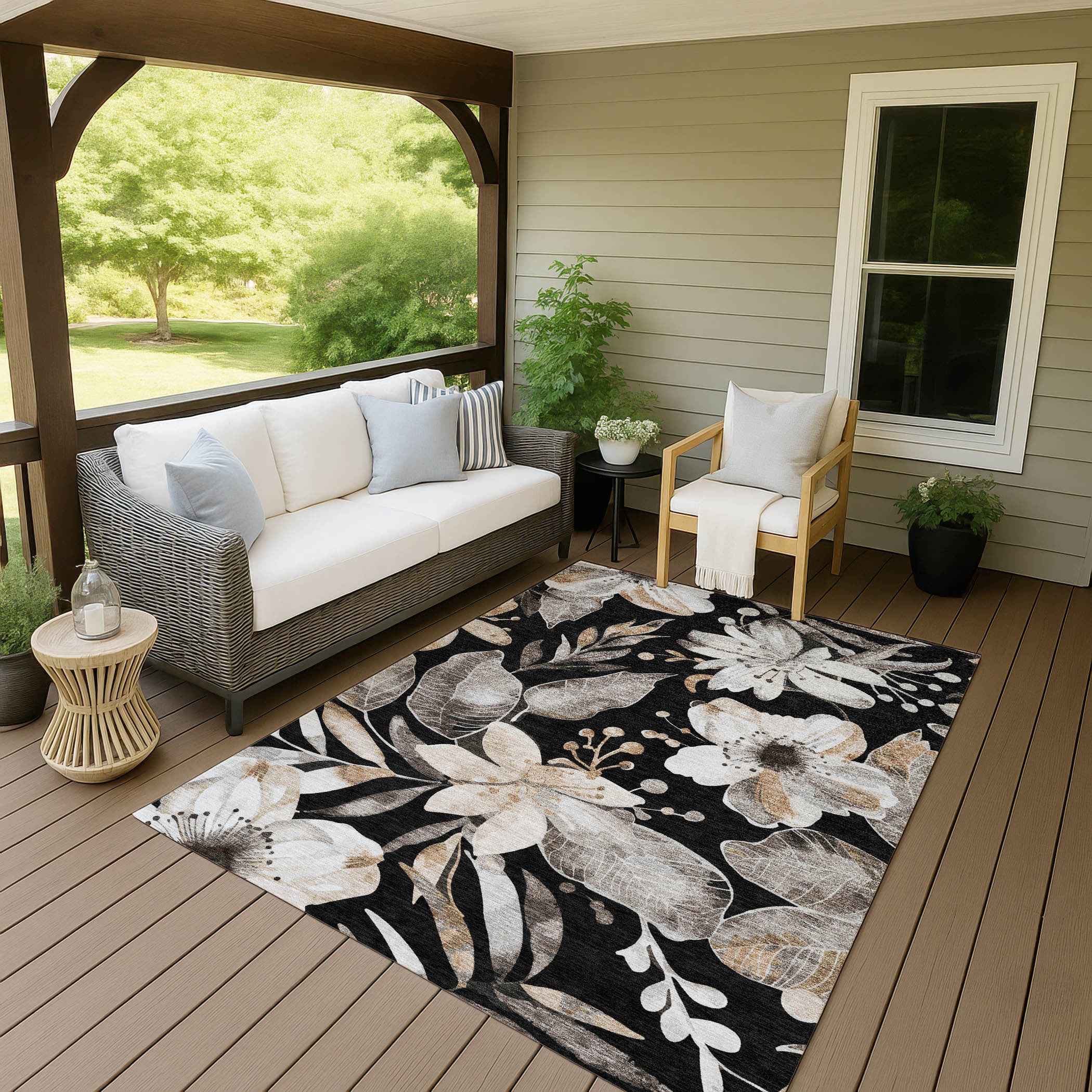 8' X 10' Black Ivory And Gold Floral Washable Indoor Outdoor Area Rug