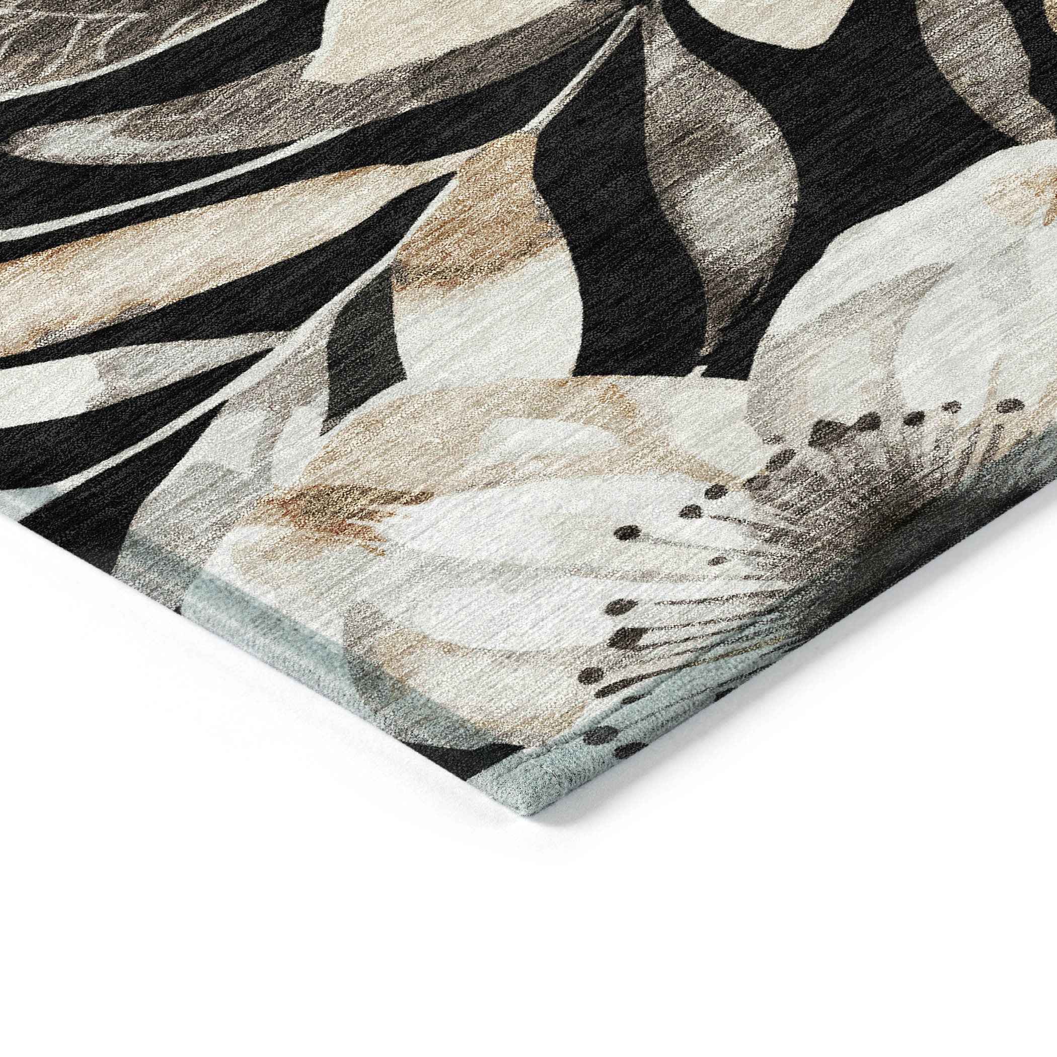 8' X 10' Black Ivory And Gold Floral Washable Indoor Outdoor Area Rug