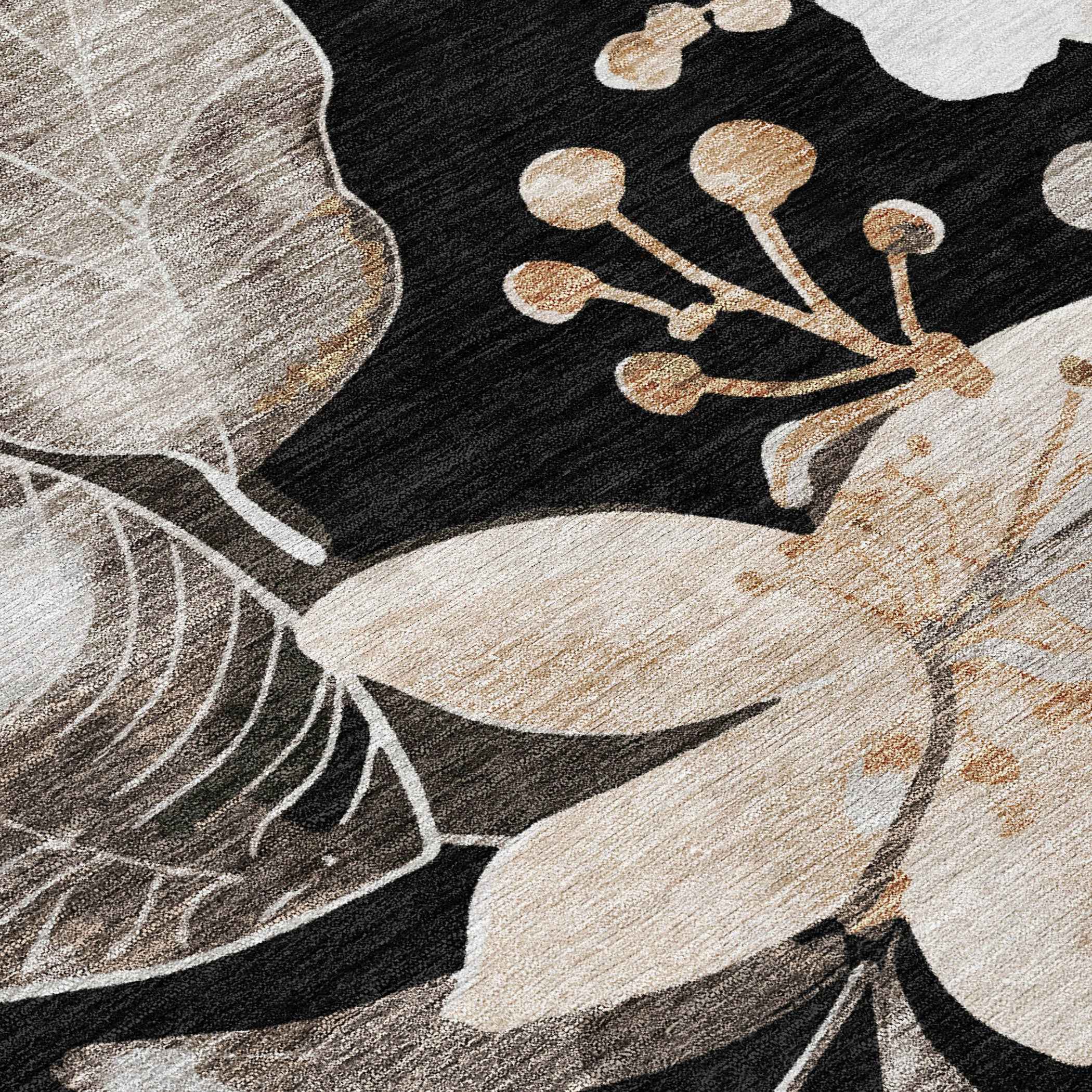 8' X 10' Black Ivory And Gold Floral Washable Indoor Outdoor Area Rug