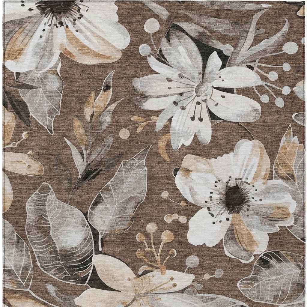 5' X 8' Chocolate Ivory And Wheat Floral Washable Indoor Outdoor Area Rug