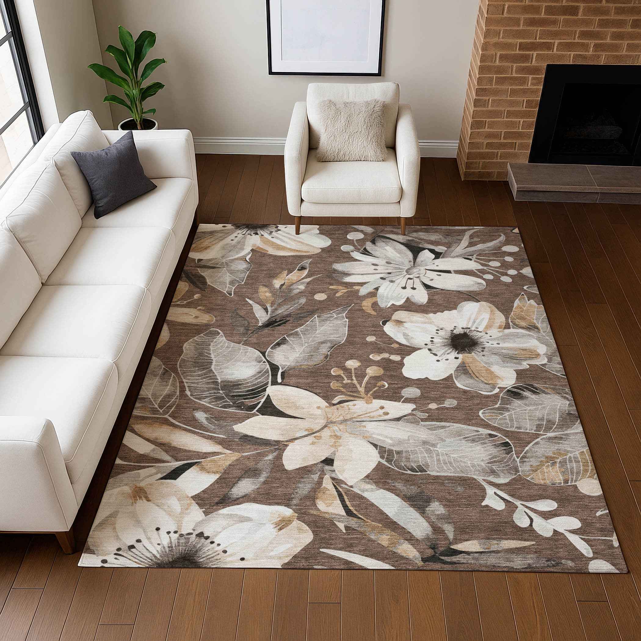 5' X 8' Chocolate Ivory And Wheat Floral Washable Indoor Outdoor Area Rug