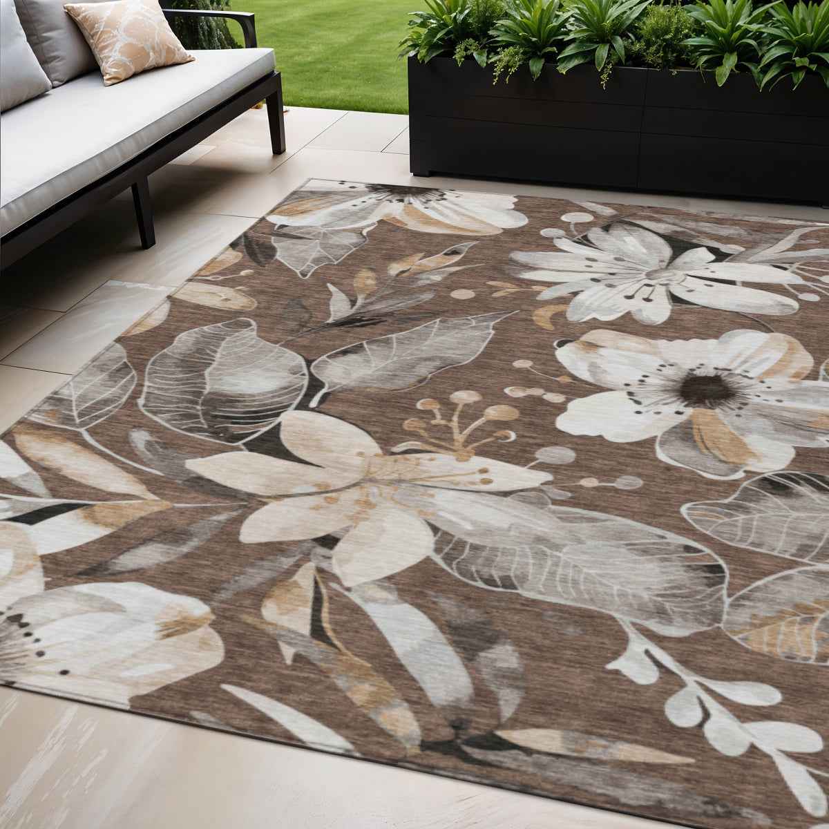 5' X 8' Chocolate Ivory And Wheat Floral Washable Indoor Outdoor Area Rug