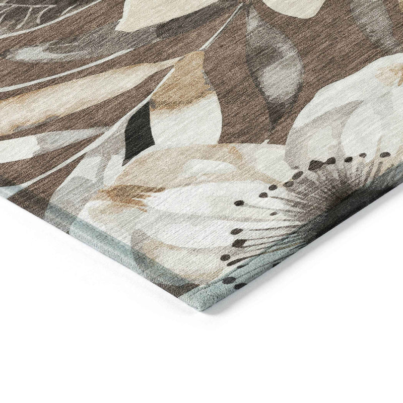 3' X 5' Chocolate Ivory And Wheat Floral Washable Indoor Outdoor Area Rug