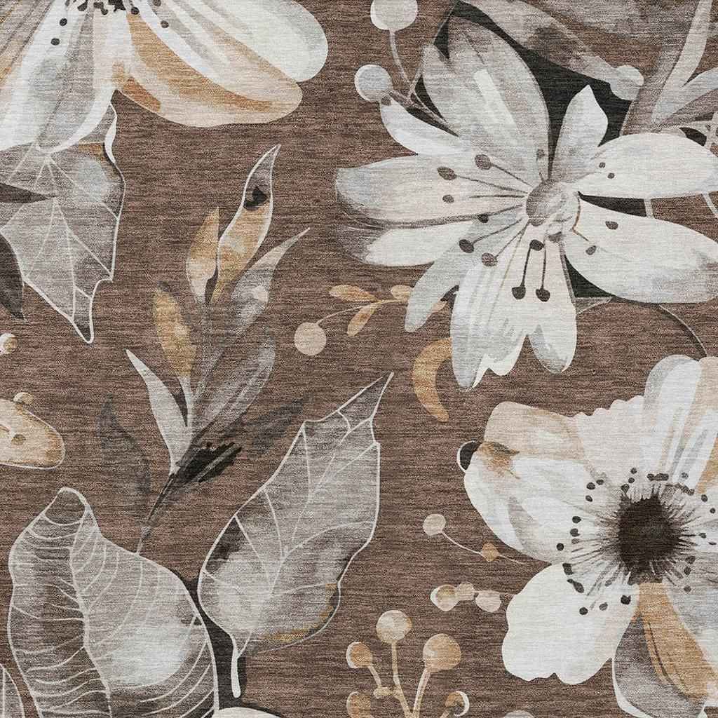 3' X 5' Chocolate Ivory And Wheat Floral Washable Indoor Outdoor Area Rug