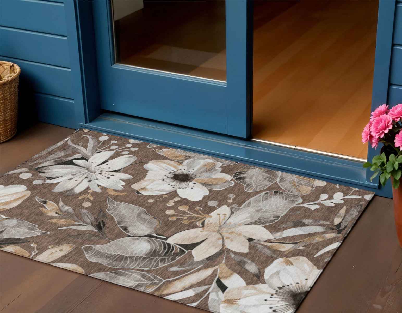 3' X 5' Chocolate Ivory And Wheat Floral Washable Indoor Outdoor Area Rug