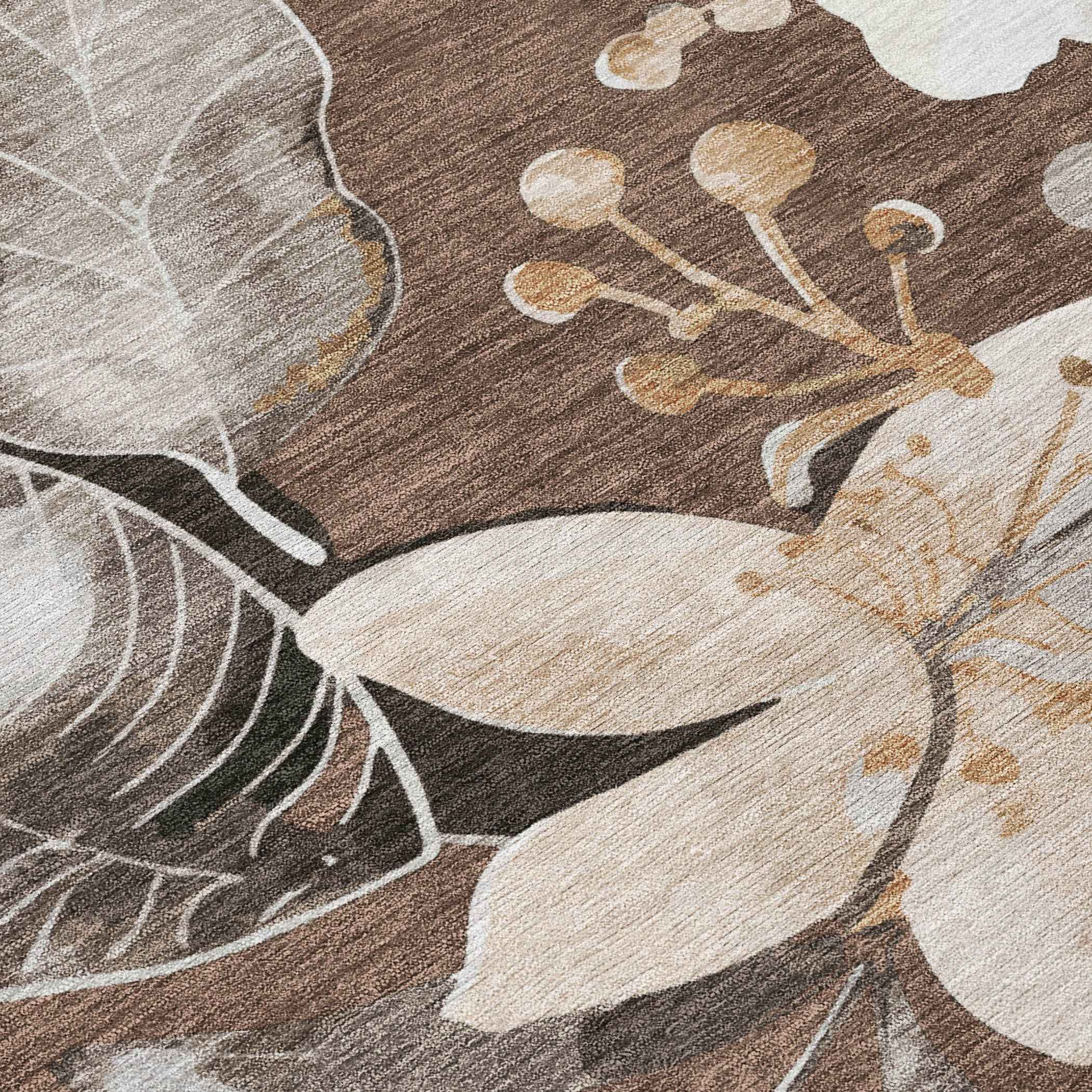 3' X 5' Chocolate Ivory And Wheat Floral Washable Indoor Outdoor Area Rug