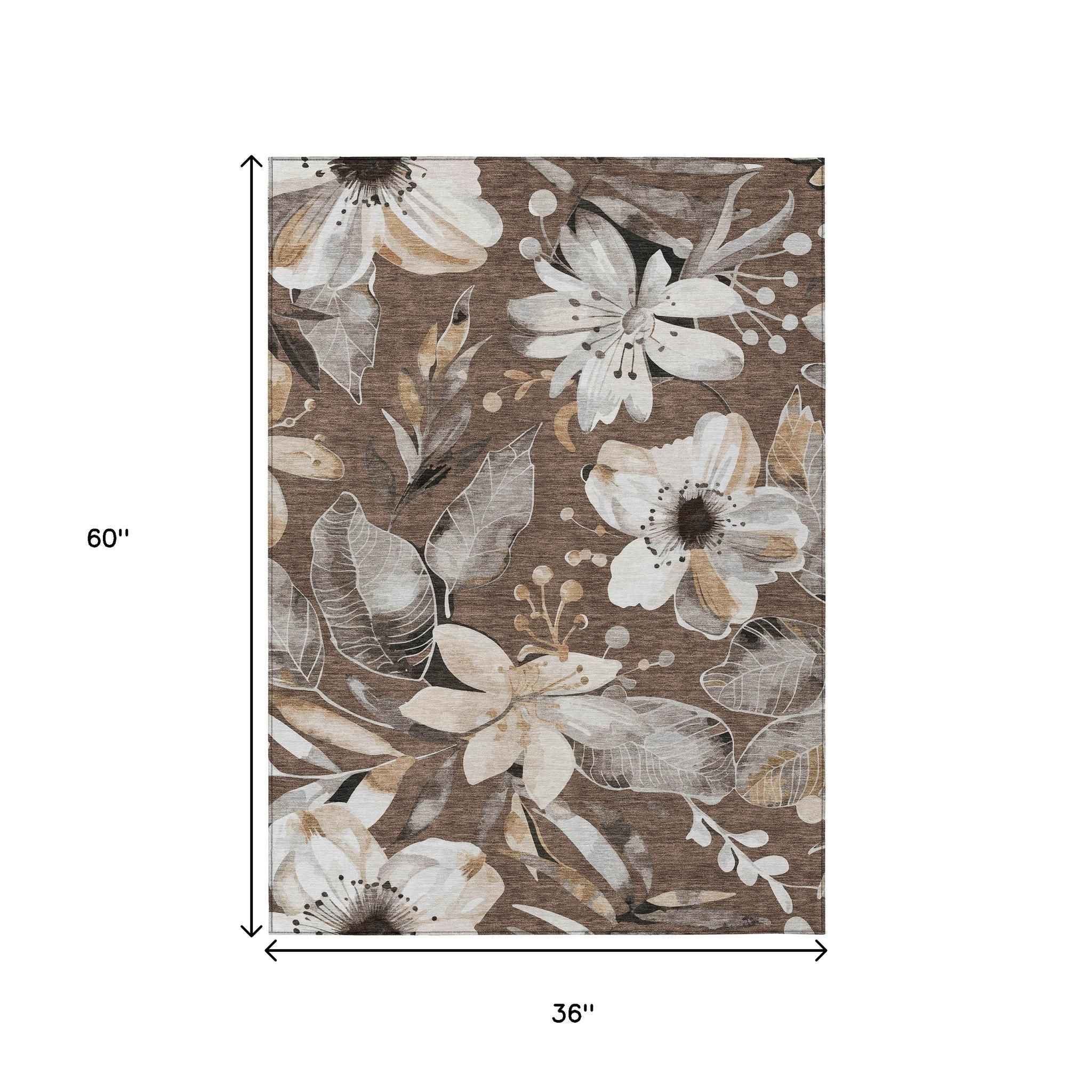 3' X 5' Chocolate Ivory And Wheat Floral Washable Indoor Outdoor Area Rug