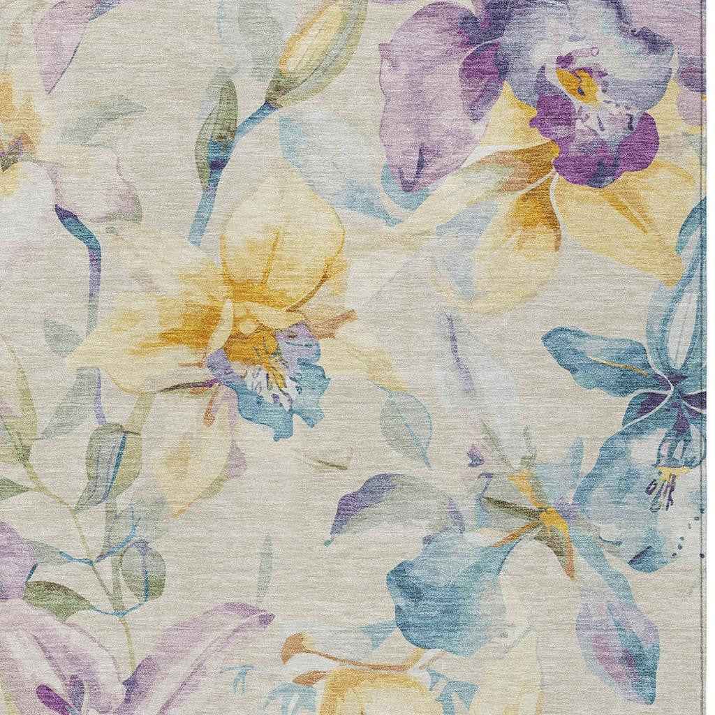 8' X 10' Beige Gold And Lavender Floral Washable Indoor Outdoor Area Rug