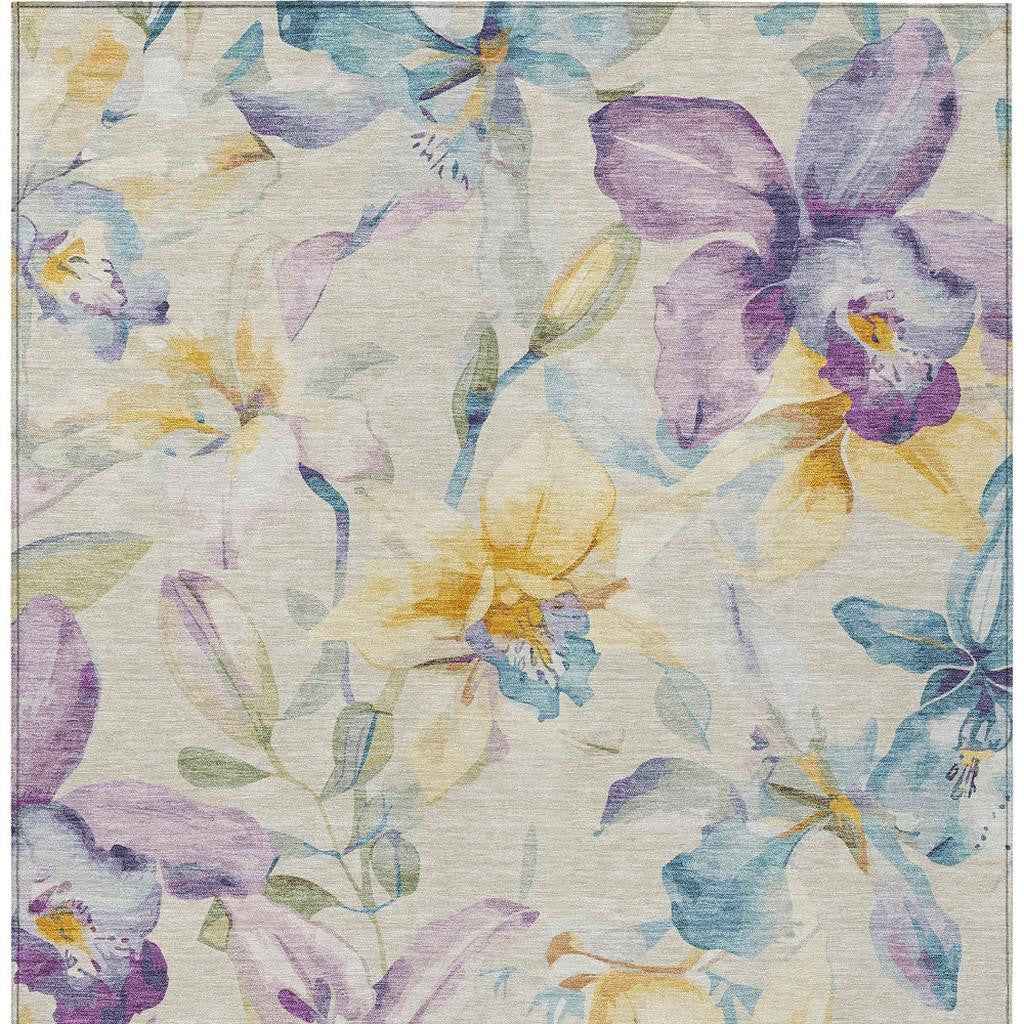 8' X 10' Beige Gold And Lavender Floral Washable Indoor Outdoor Area Rug