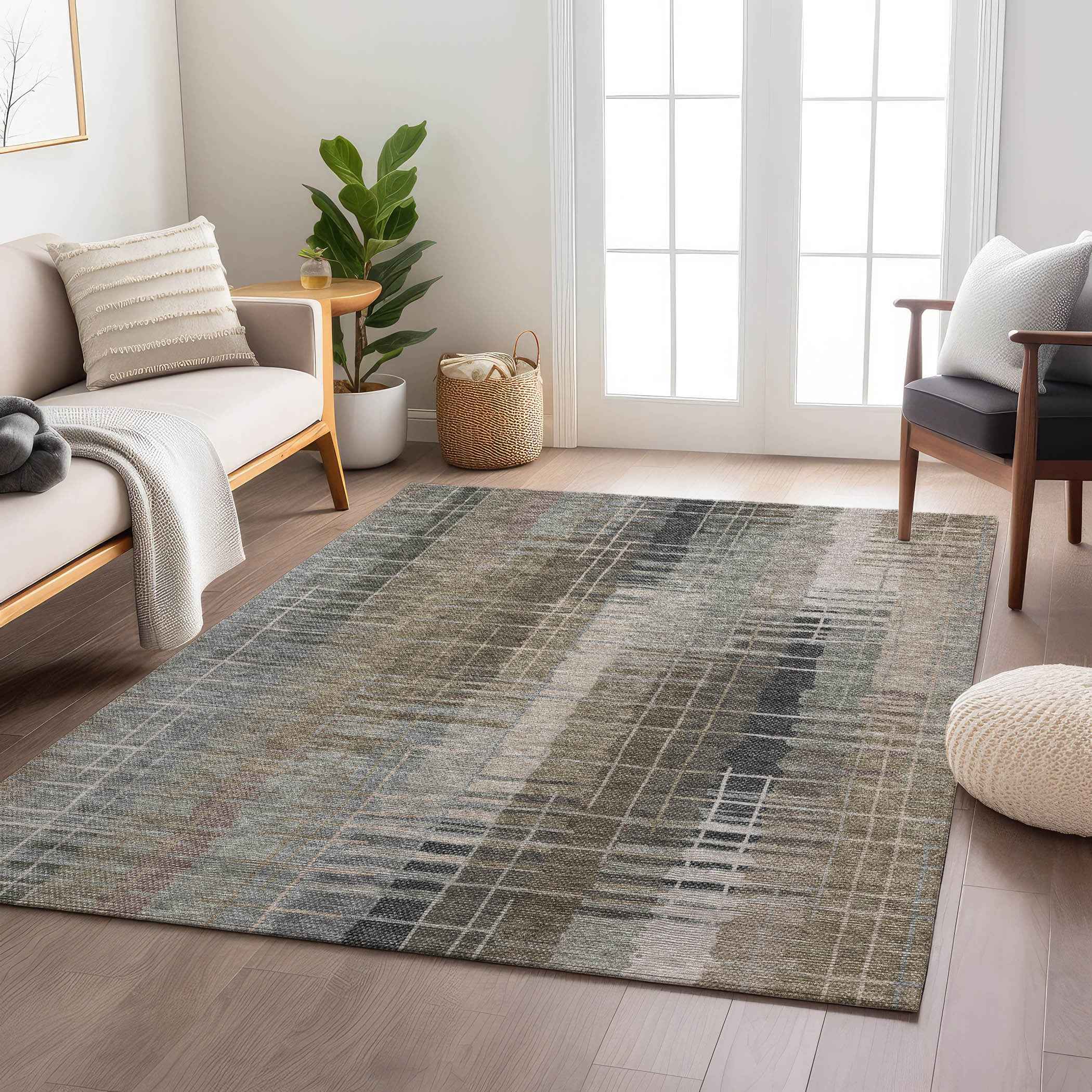 8' X 10' Brown And Gray Striped Washable Indoor Outdoor Area Rug