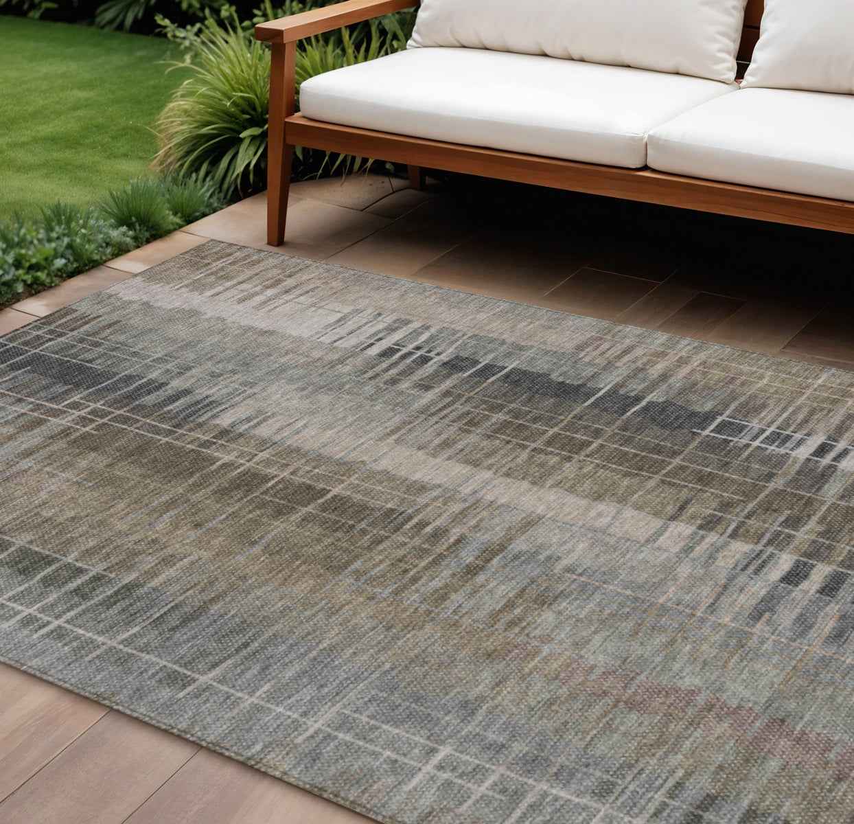 8' X 10' Brown And Gray Striped Washable Indoor Outdoor Area Rug