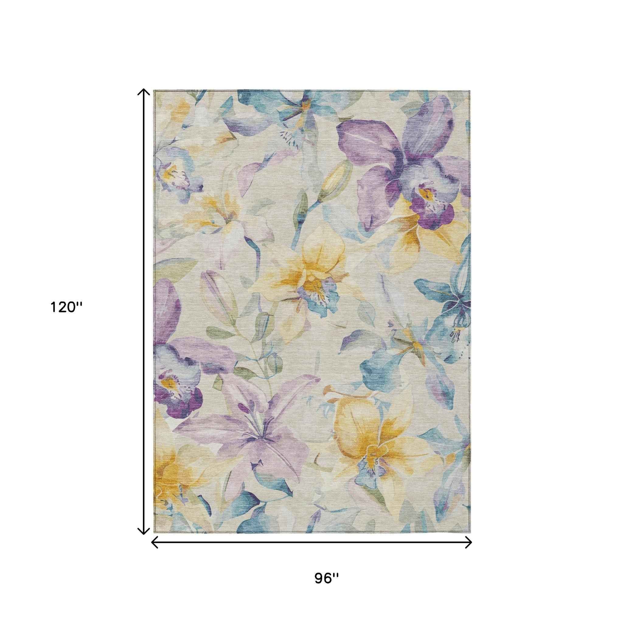 8' X 10' Beige Gold And Lavender Floral Washable Indoor Outdoor Area Rug