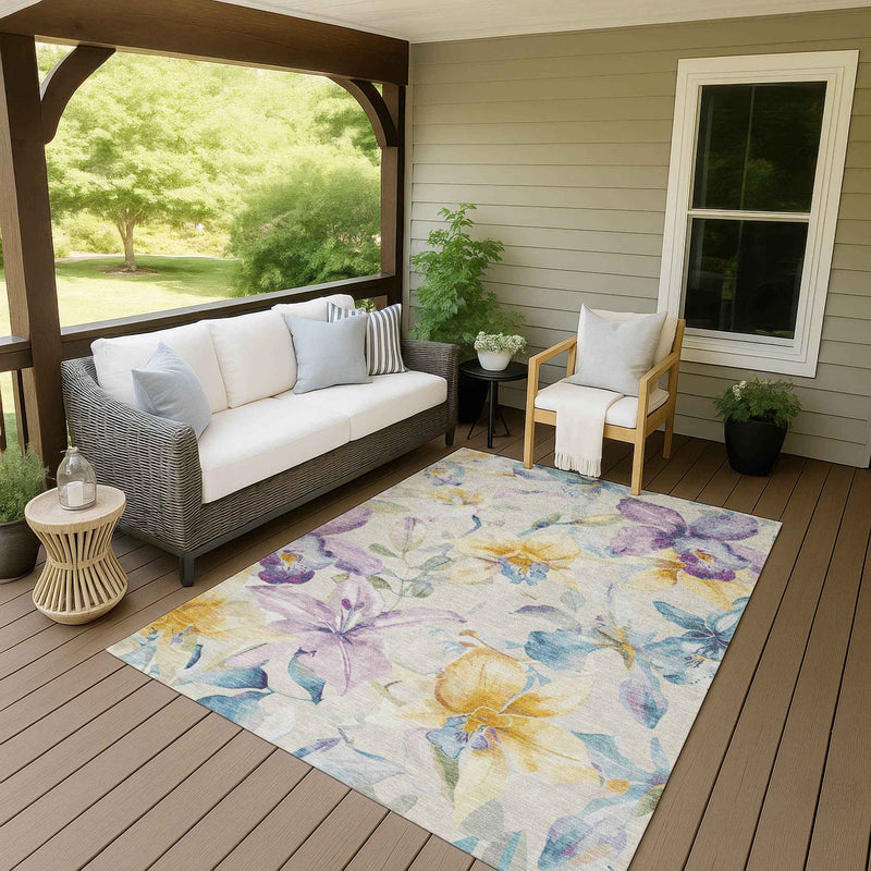 8' X 10' Beige Gold And Lavender Floral Washable Indoor Outdoor Area Rug