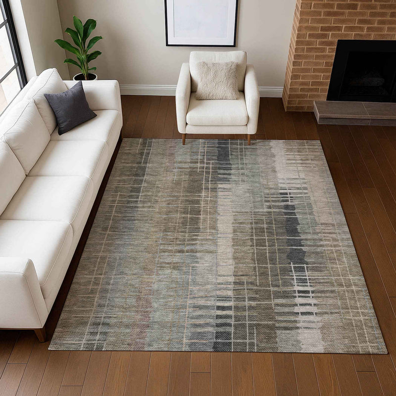 8' X 10' Brown And Gray Striped Washable Indoor Outdoor Area Rug