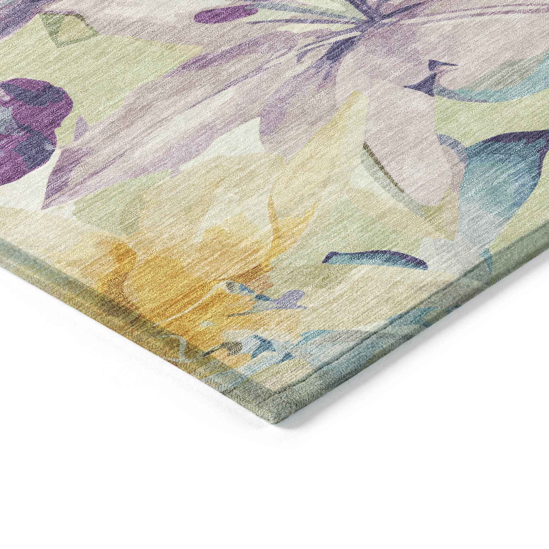 5' X 8' Artichoke Green Gold And Lavender Floral Washable Indoor Outdoor Area Rug