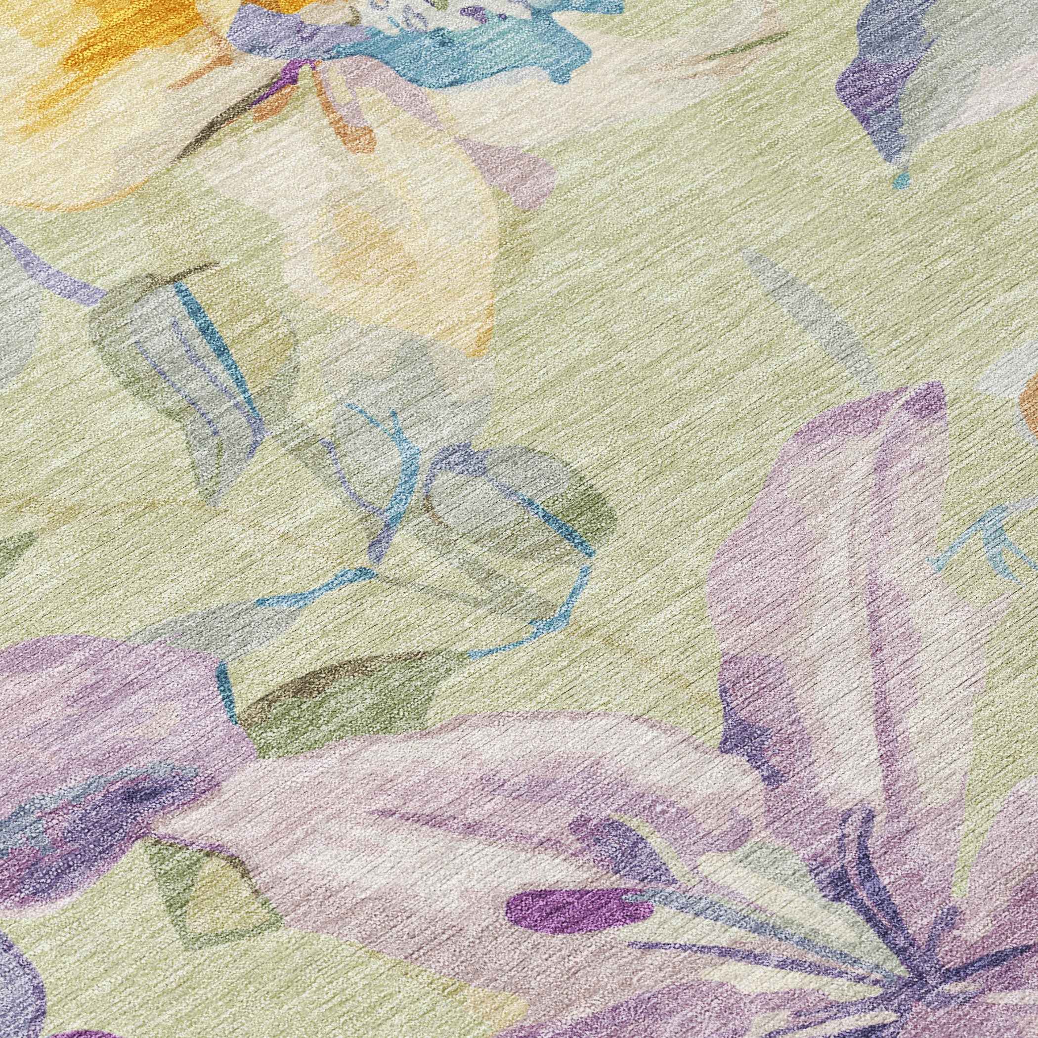 5' X 8' Artichoke Green Gold And Lavender Floral Washable Indoor Outdoor Area Rug