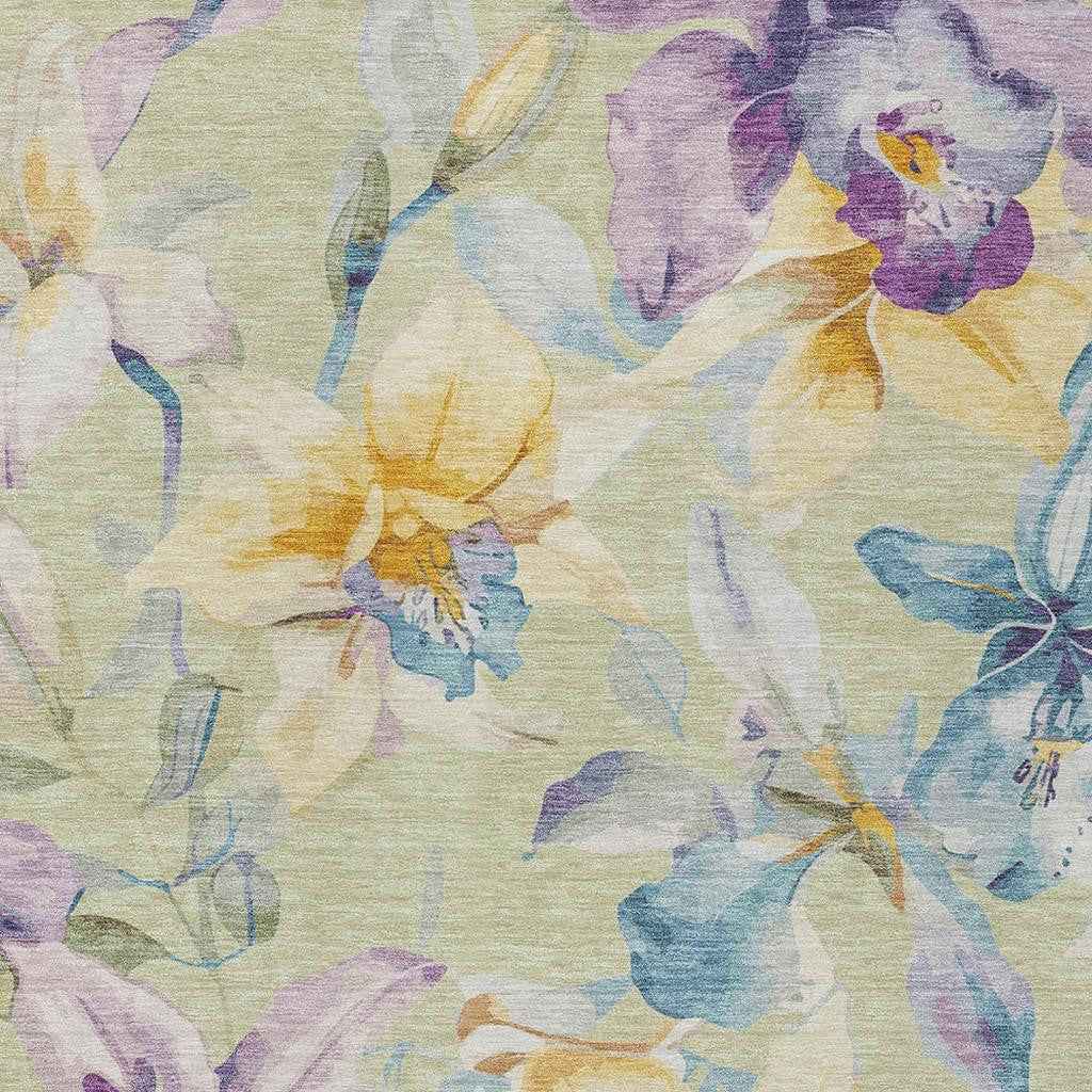 5' X 8' Artichoke Green Gold And Lavender Floral Washable Indoor Outdoor Area Rug