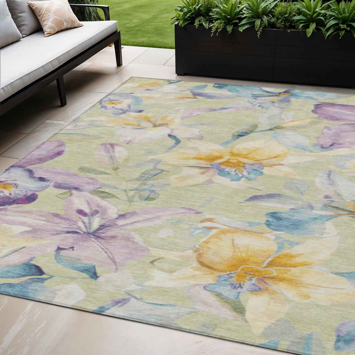5' X 8' Artichoke Green Gold And Lavender Floral Washable Indoor Outdoor Area Rug