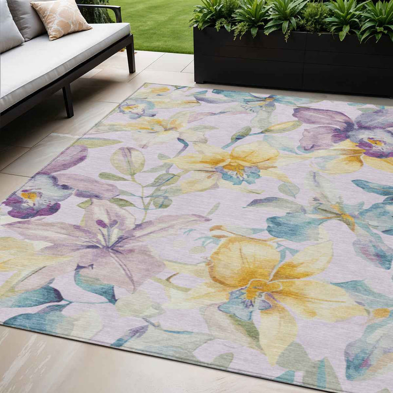 5' X 8' Lavender Gold And Ivory Floral Washable Indoor Outdoor Area Rug