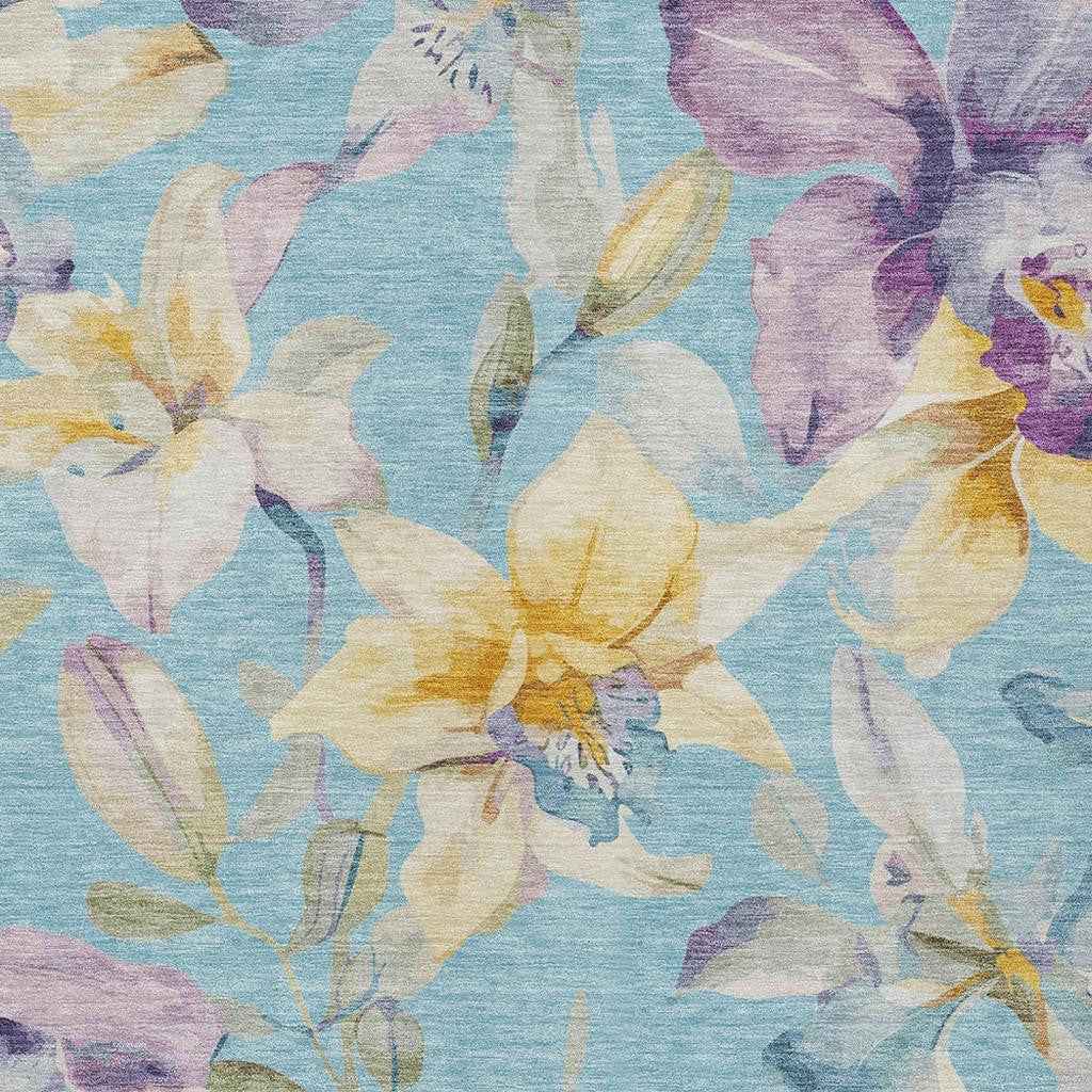 10' X 14' Aqua Gold And Lavender Floral Washable Indoor Outdoor Area Rug