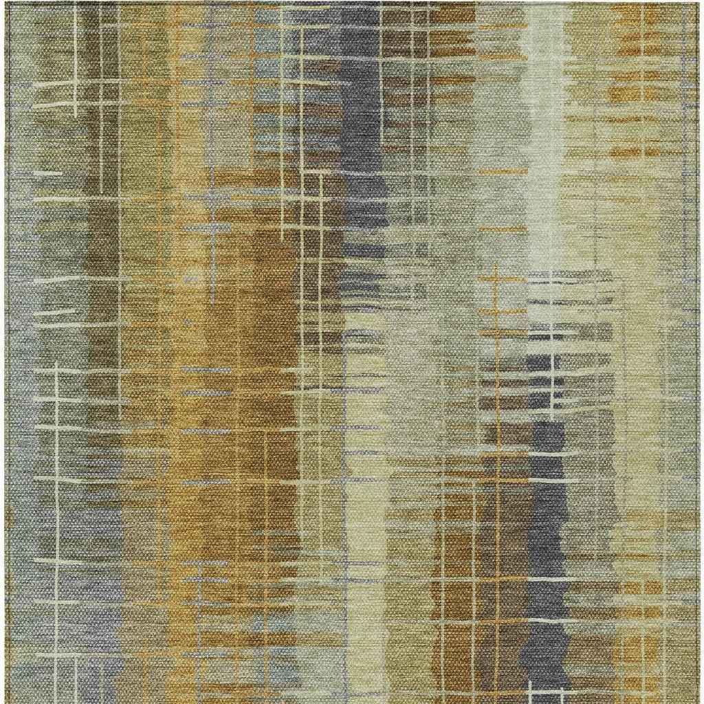 5' X 8' Artichoke Green And Gold Striped Washable Indoor Outdoor Area Rug