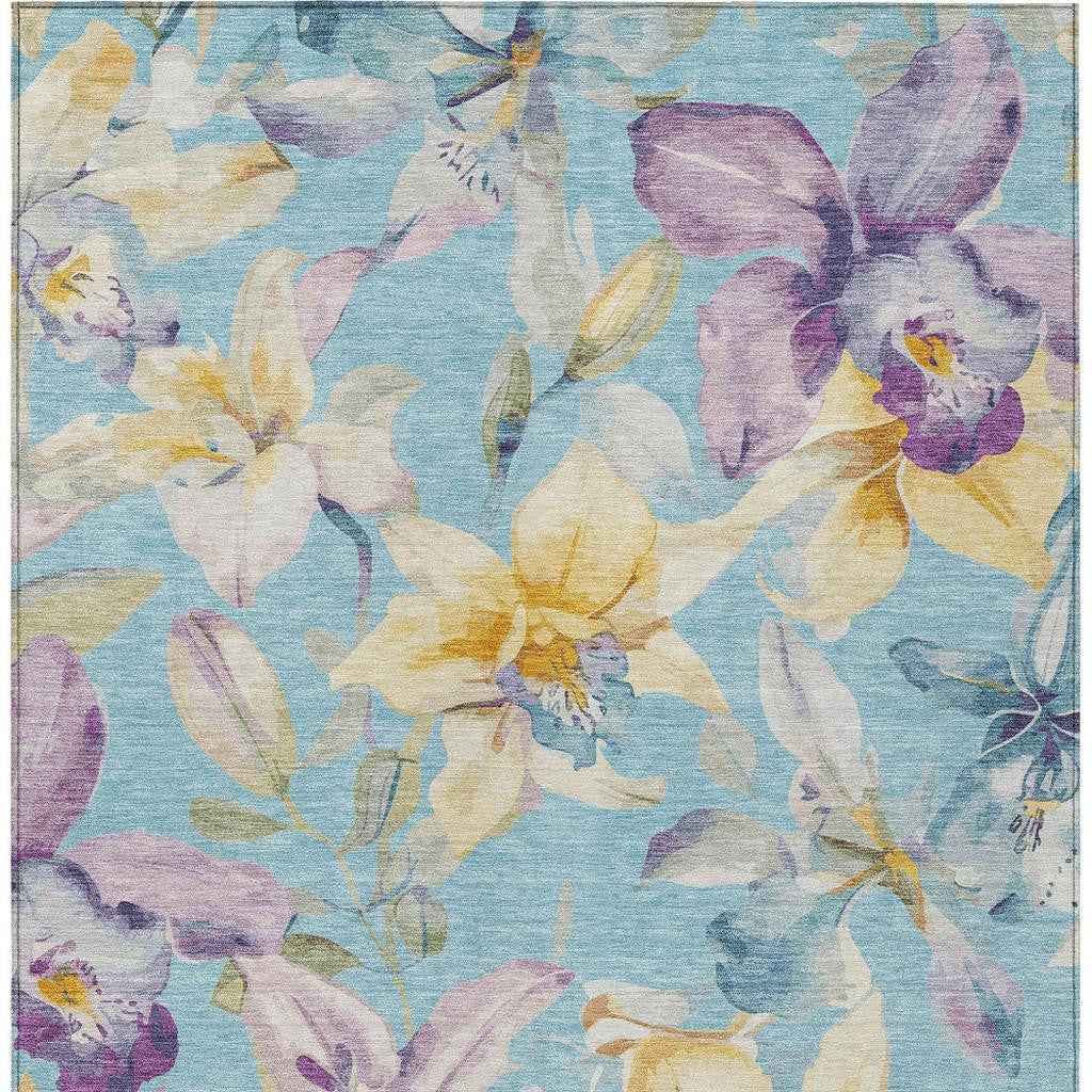 10' X 14' Aqua Gold And Lavender Floral Washable Indoor Outdoor Area Rug