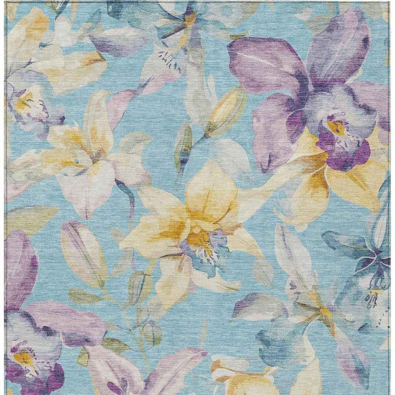 10' X 14' Aqua Gold And Lavender Floral Washable Indoor Outdoor Area Rug