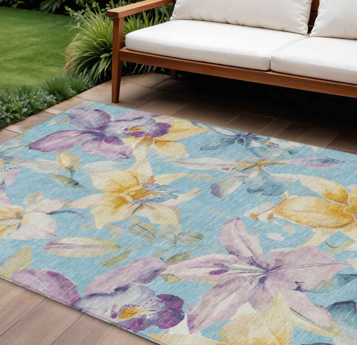 10' X 14' Aqua Gold And Lavender Floral Washable Indoor Outdoor Area Rug