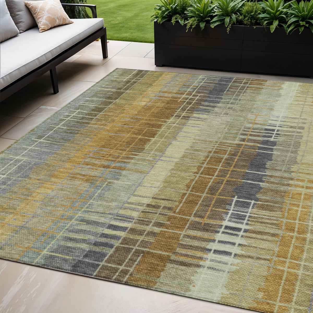 5' X 8' Artichoke Green And Gold Striped Washable Indoor Outdoor Area Rug