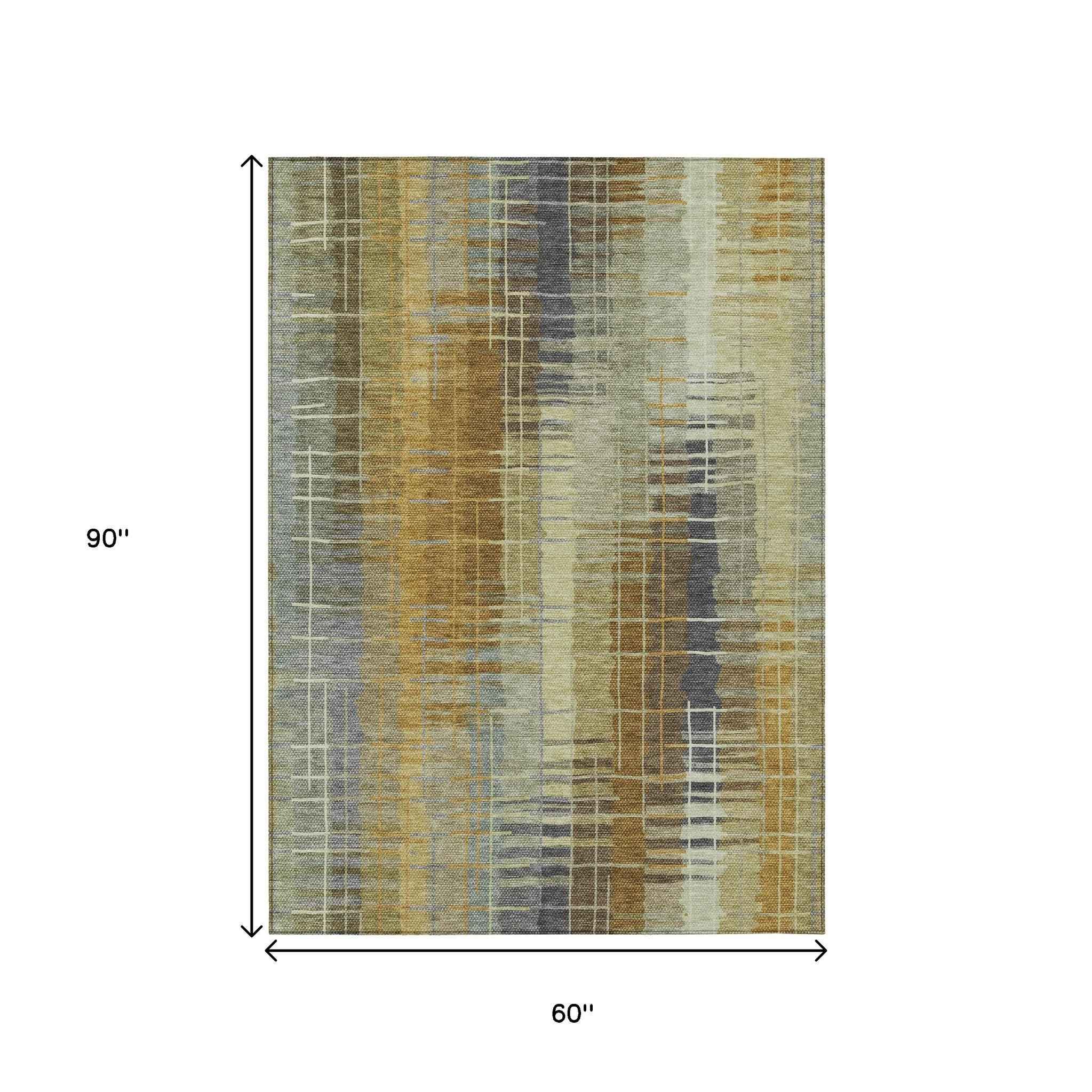 5' X 8' Artichoke Green And Gold Striped Washable Indoor Outdoor Area Rug