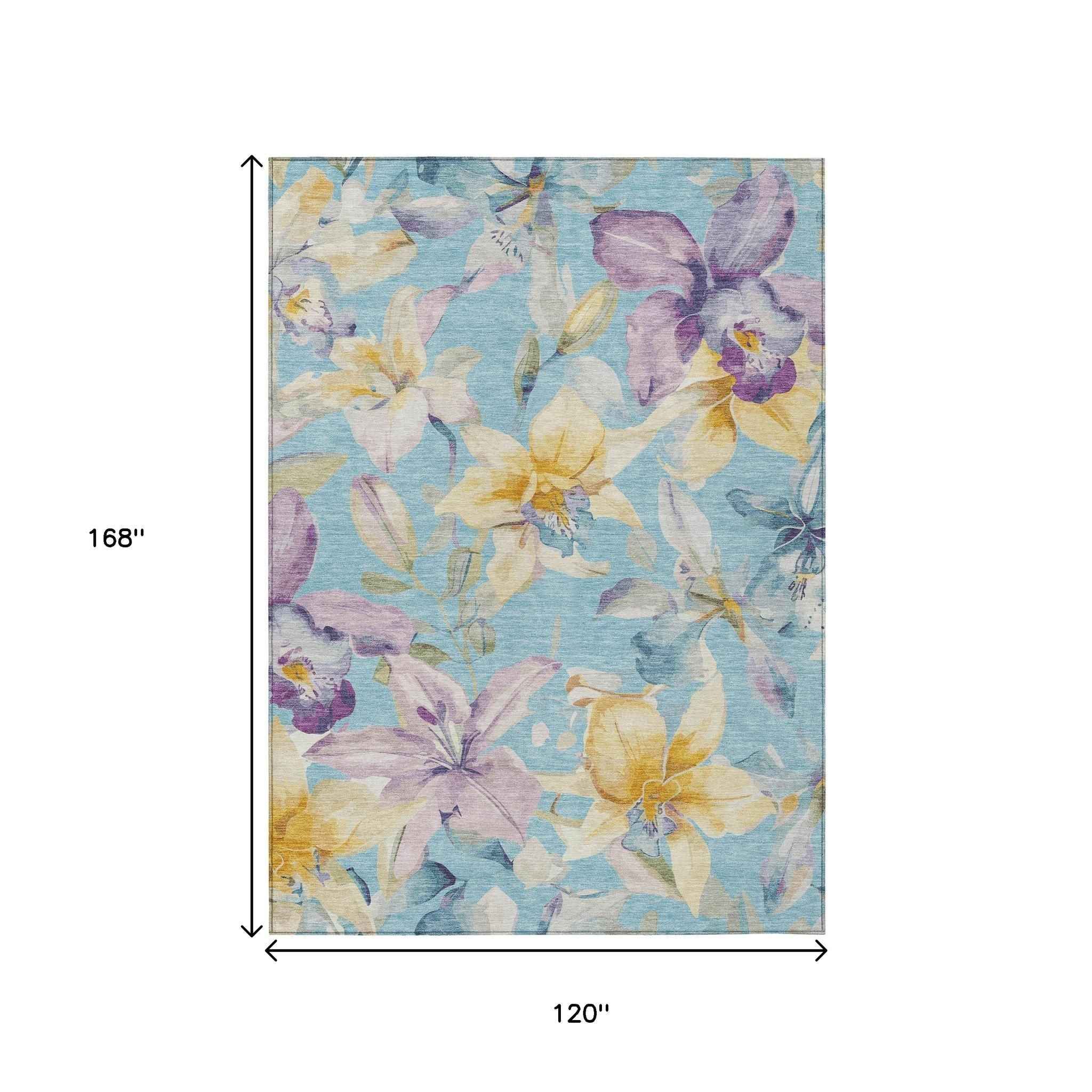 10' X 14' Aqua Gold And Lavender Floral Washable Indoor Outdoor Area Rug