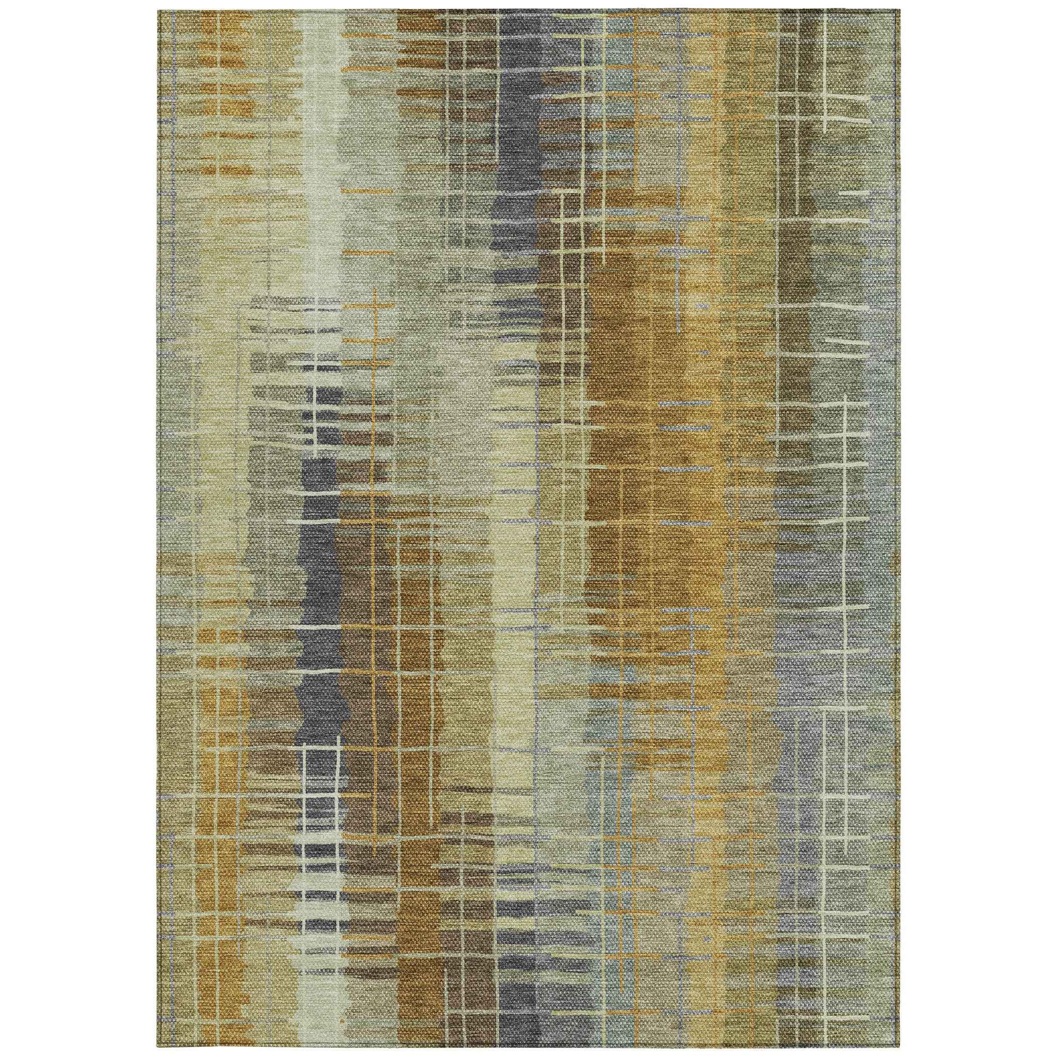 5' X 8' Artichoke Green And Gold Striped Washable Indoor Outdoor Area Rug