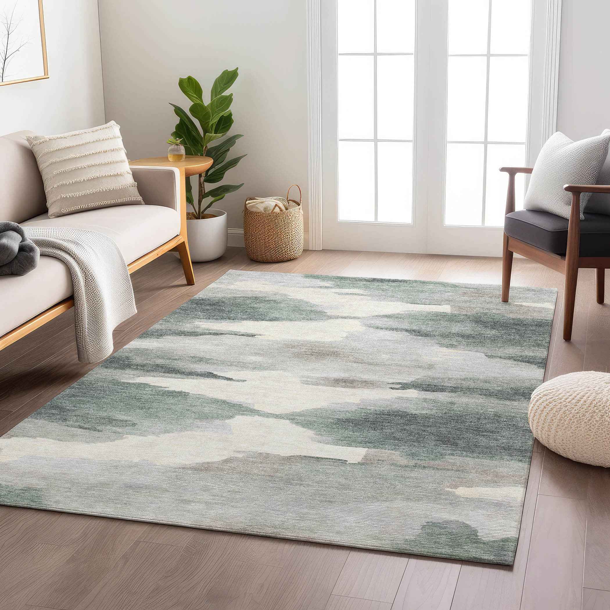 10' X 14' Sage And Ivory Abstract Washable Indoor Outdoor Area Rug