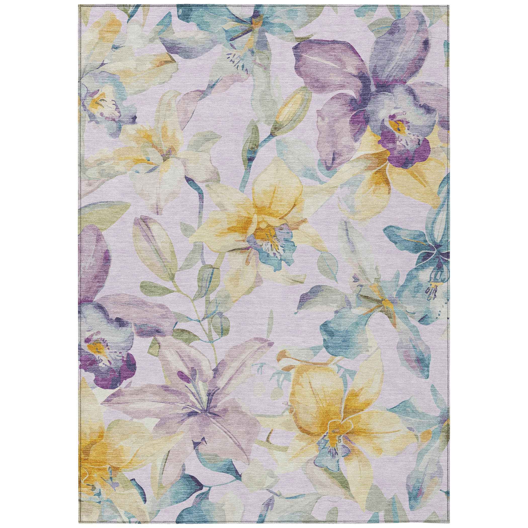 3' X 5' Lavender Gold And Ivory Floral Washable Indoor Outdoor Area Rug