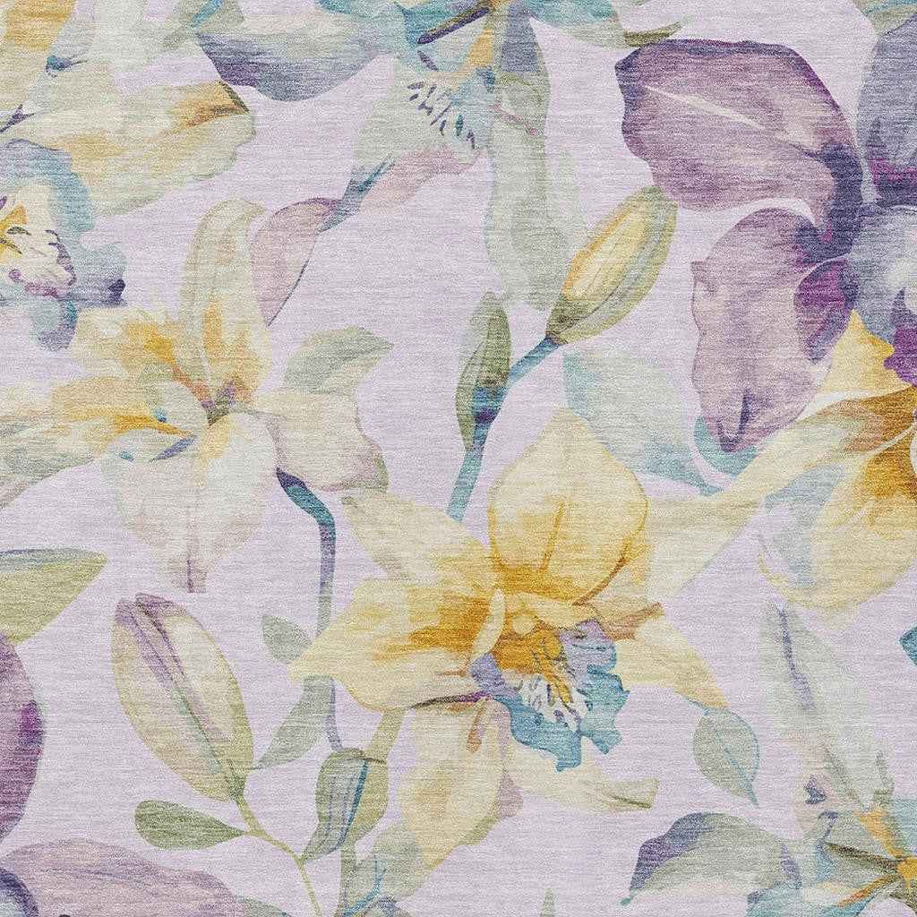 3' X 5' Lavender Gold And Ivory Floral Washable Indoor Outdoor Area Rug