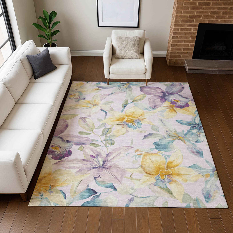 3' X 5' Lavender Gold And Ivory Floral Washable Indoor Outdoor Area Rug