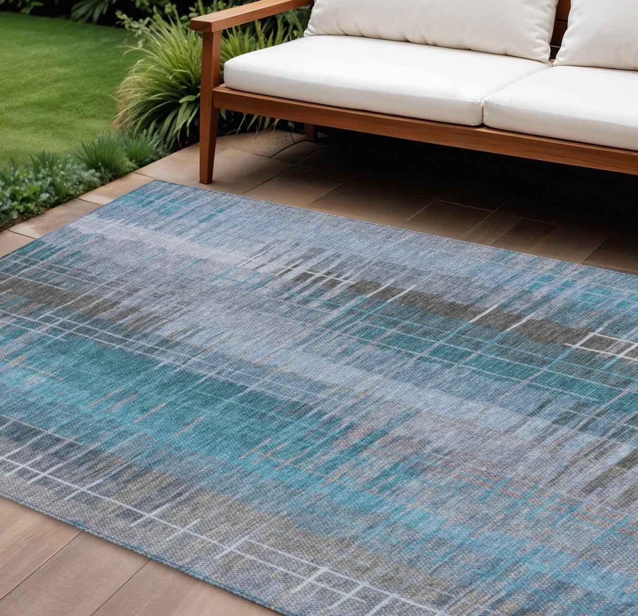 9' X 12' Teal Blue And Gray Striped Washable Indoor Outdoor Area Rug