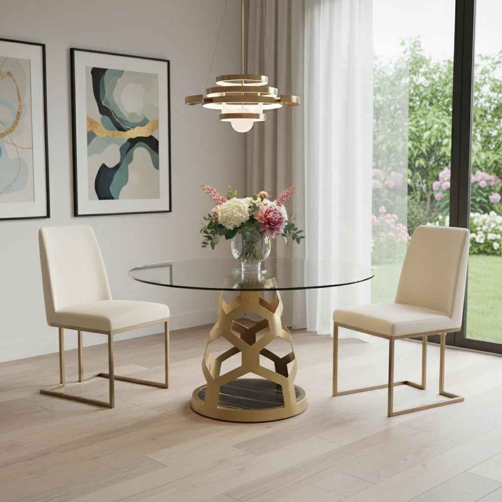 48" Clear And Gold Rounded Glass And Metal Pedestal Base Dining Table