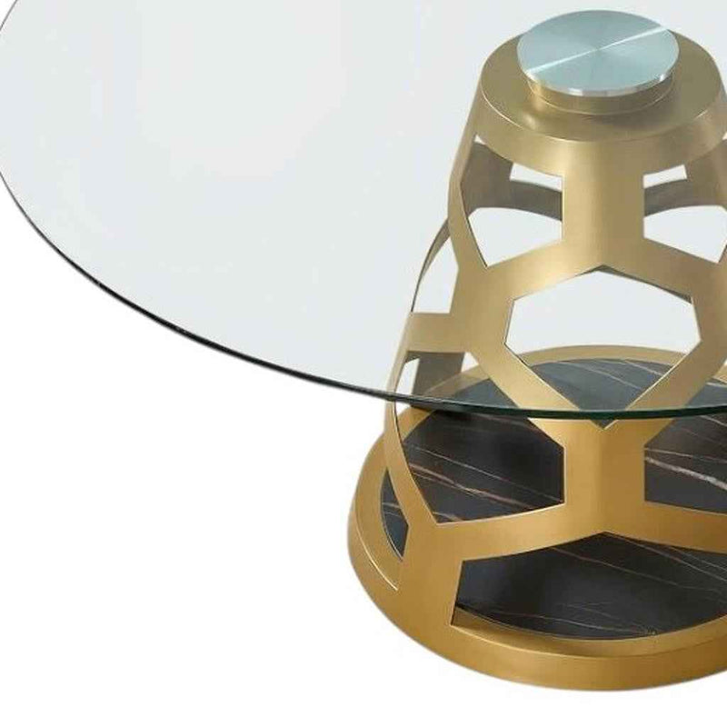 48" Clear And Gold Rounded Glass And Metal Pedestal Base Dining Table