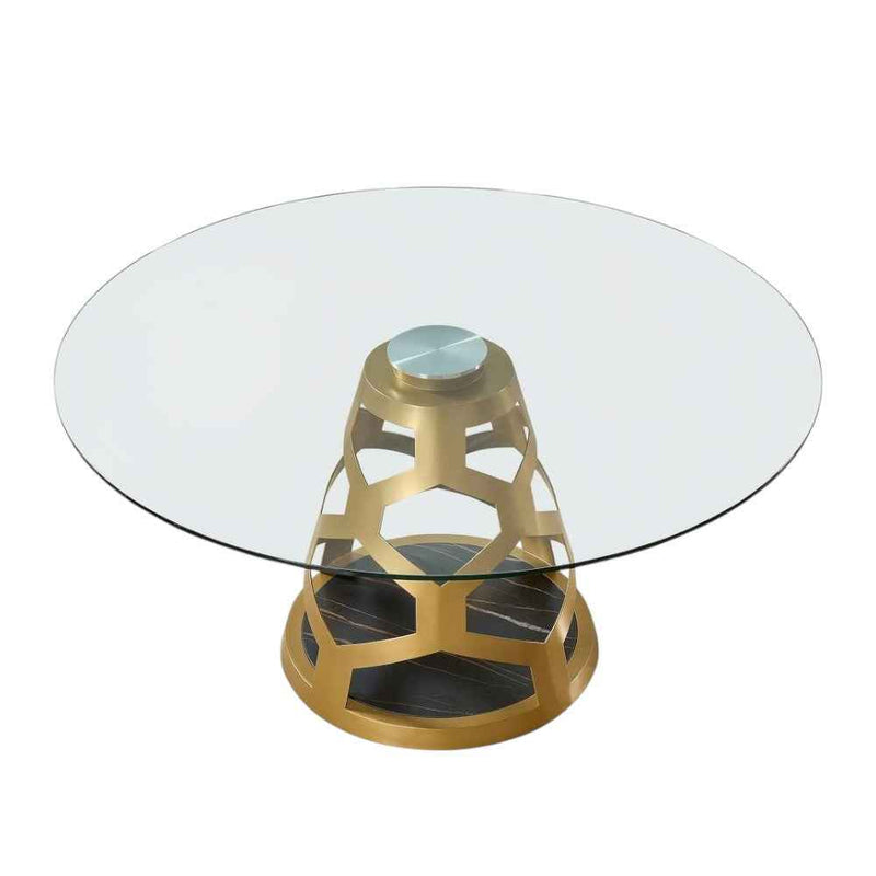 48" Clear And Gold Rounded Glass And Metal Pedestal Base Dining Table