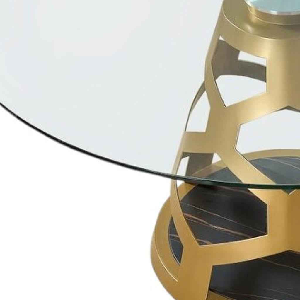 48" Clear And Gold Rounded Glass And Metal Pedestal Base Dining Table