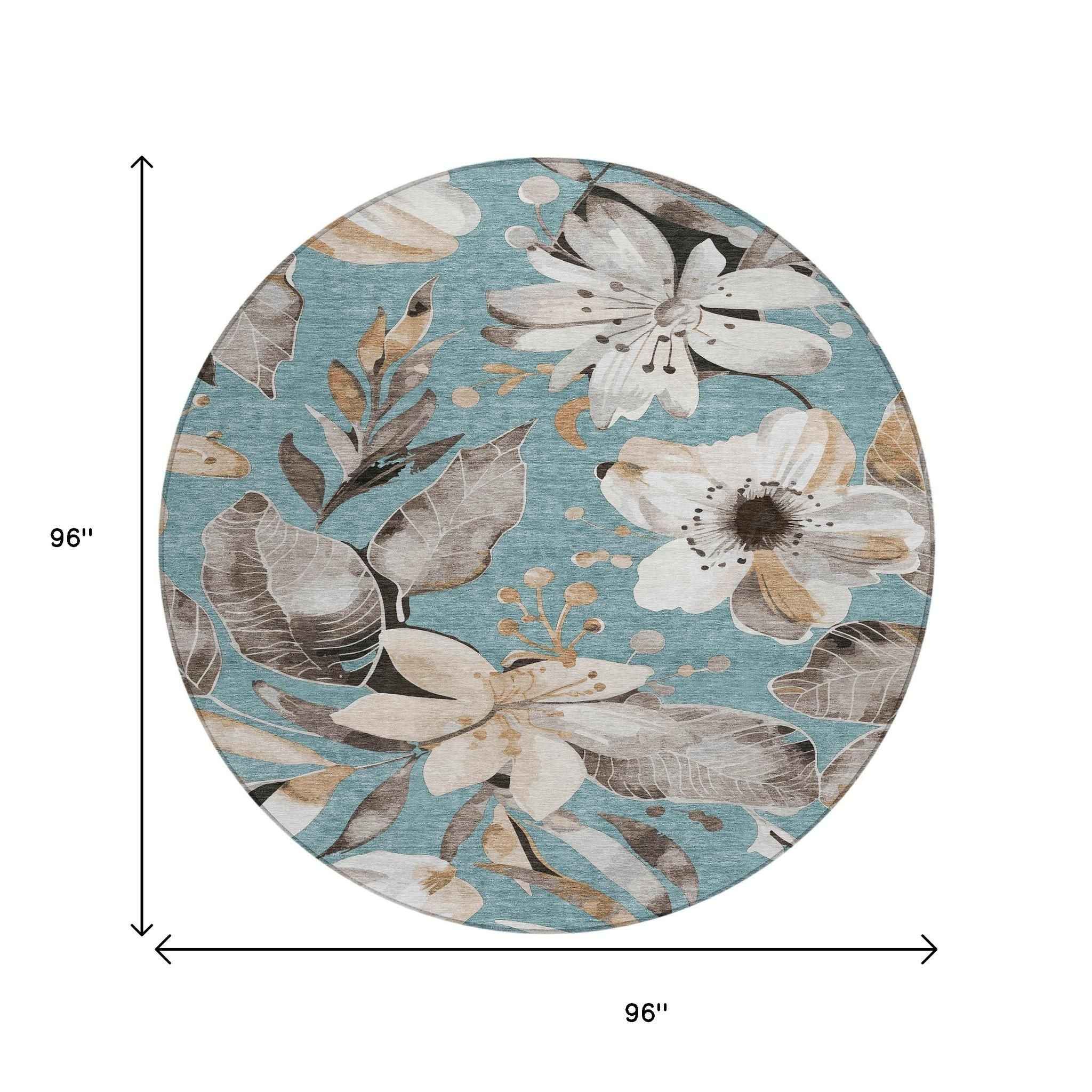 8' Teal Blue Ivory And Charcoal Round Floral Washable Indoor Outdoor Area Rug