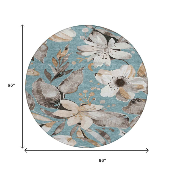 8' Teal Blue Ivory And Charcoal Round Floral Washable Indoor Outdoor Area Rug